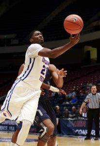 Mar 10, 2016; Birmingham, AL, USA; Louisiana Tech Bulldogs forward Merrill Holden (21) grabs a rebound against Old Dominion Monarchs at Legacy Arena. Mandatory Credit: Marvin Gentry-USA TODAY Sports