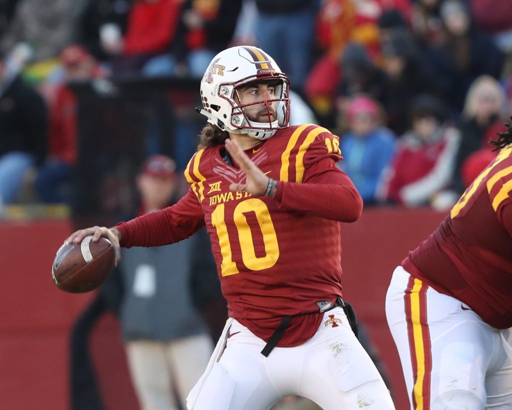 Nov 19, 2016; Ames, IA, USA; Iowa State Cyclones quarterback Jacob Park (10) throws a pass against the Texas Tech Red Raiders at Jack Trice Stadium. Mandatory Credit: Reese Strickland-USA TODAY Sports